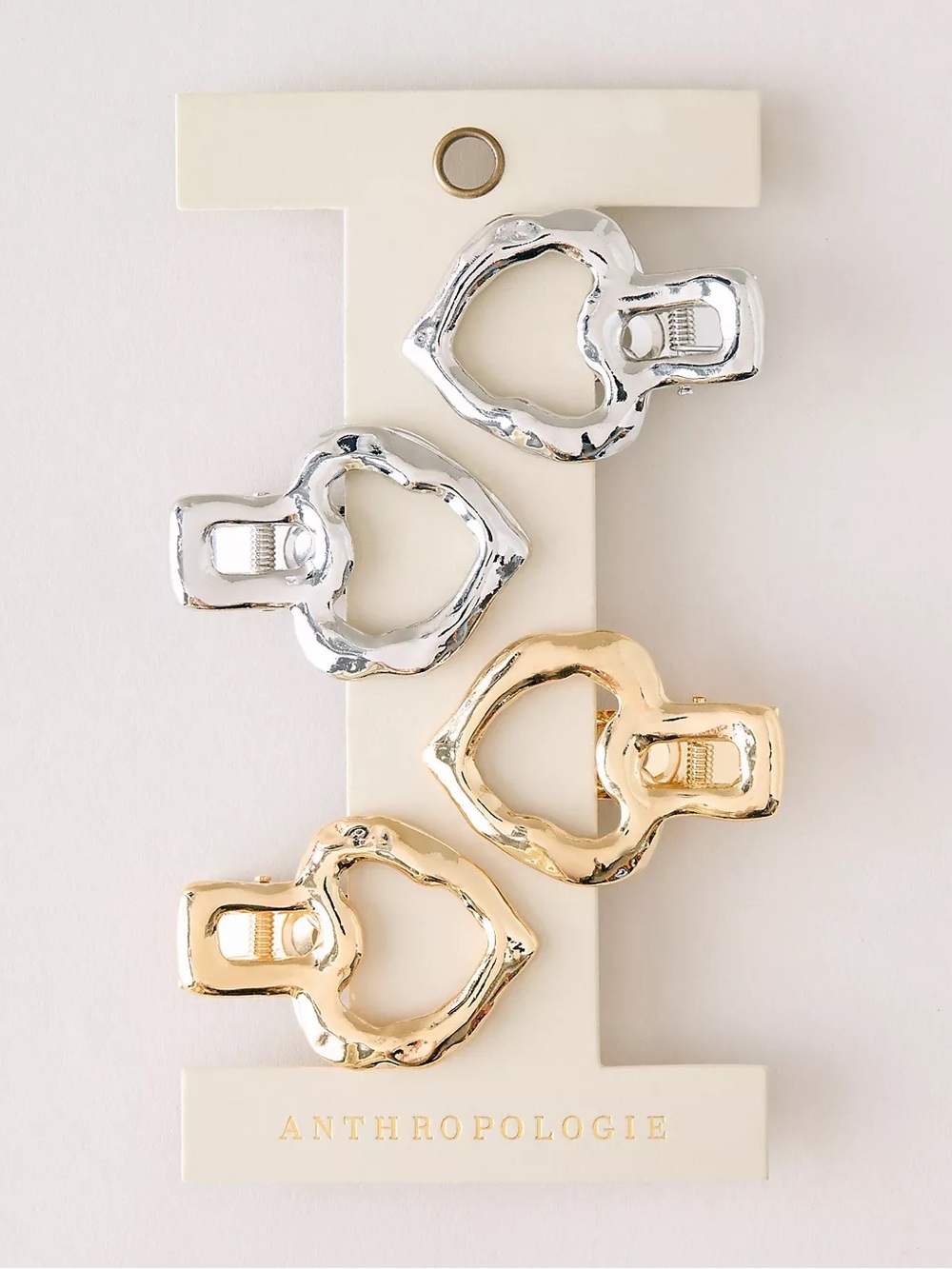 ANTHROPOLOGIE NWT 4pc Metal Heart Shaped Hair Clips Silver Gold Metallic